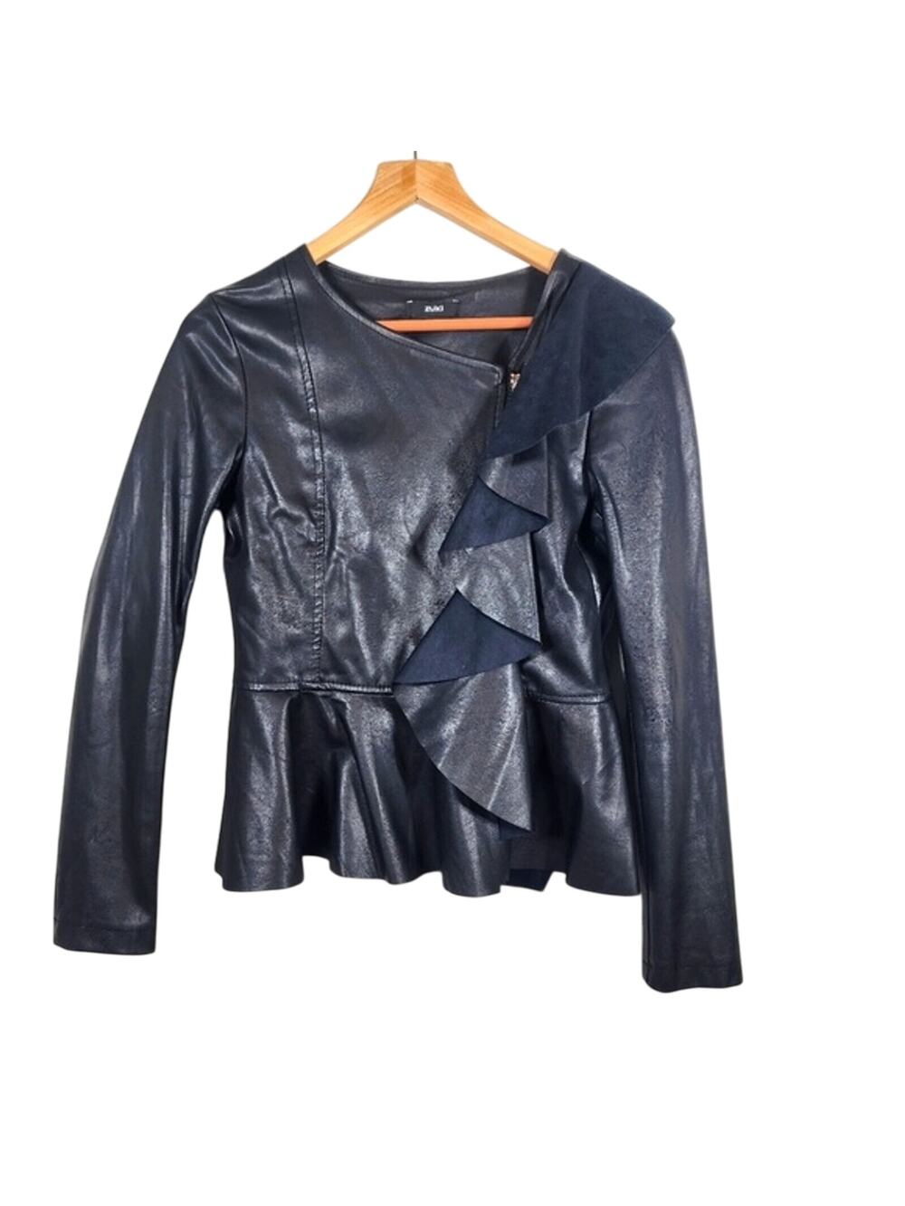 Zuiki Black Ruffled Italian Moto Peplum Style Faux Leather Jacket Size Medium